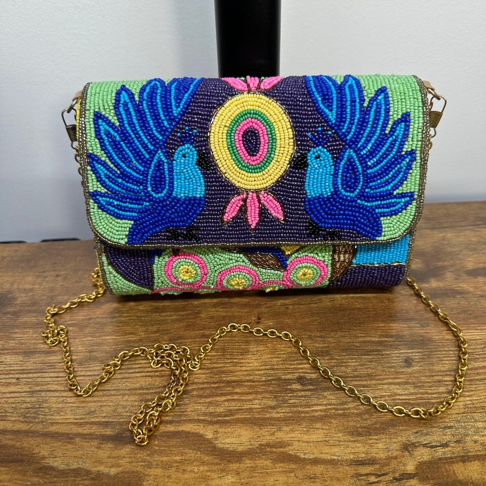 Hand Beaded Peacock Crossbody Clutch Bag Multi Color Floral Boho Evening Purse